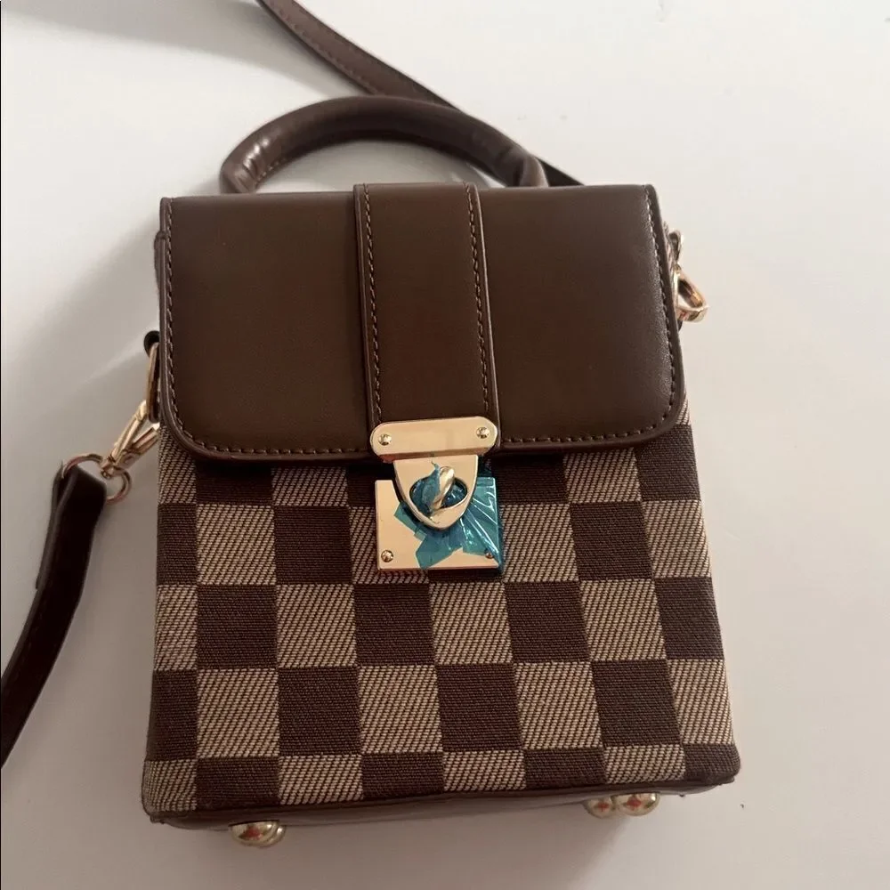 Elegant Brown Checkered Crossbody Bag NWT
